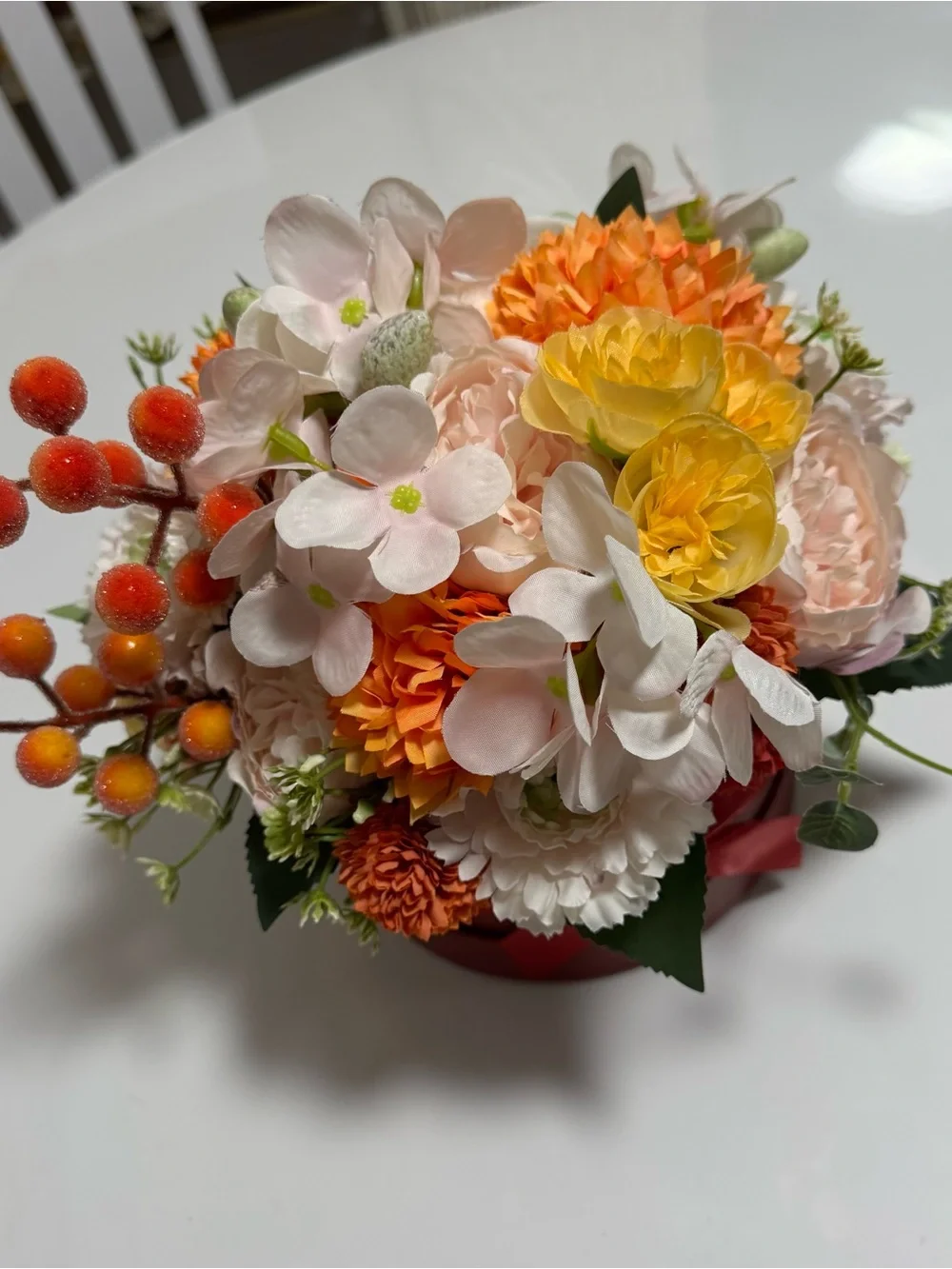 Handmade Artificial Floral Arrangement in Burgundy Hatbox – Fall Home Decor